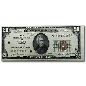 1929 (H-St. Louis) $20 Brown Seal FRBN AU 1929 (H-St. Louis) $20 Brown Seal FRBN AU